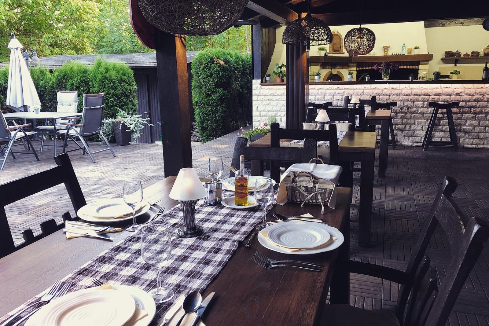 Garden terrace set for breakfast