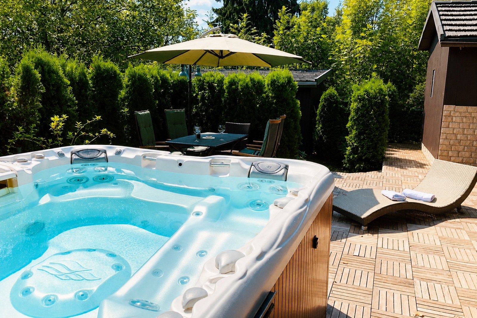Sundance Maxxus 880 outdoor hot tub beside the garden lounge